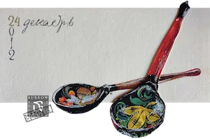 An illustrated découpage Christmas card of painted Russian spoons