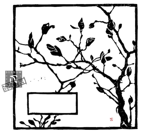 A lino print of magnolia blossoms