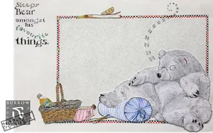A découpage still-life commemorative card showing the Illustrator's plushie bear sleeping