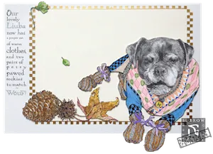 An illustrated découpage obituary card for pet dog