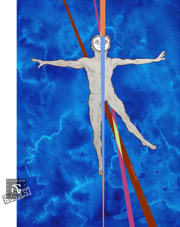 An illustration of one male and one female tightrope walker, paired as one, against a blue backdrop