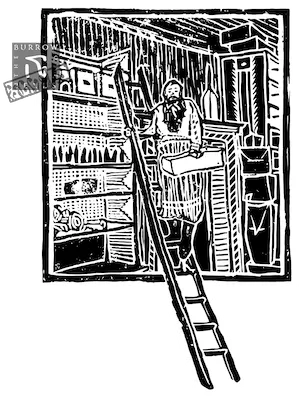 A lino print of a confectionary worker on a ladder inside a workhouse