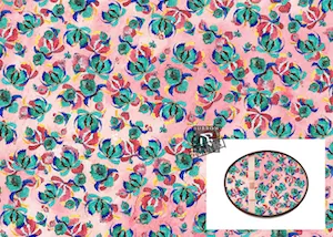 An illustrated pattern showing green and pink flower heads (for chocolate boxes)
