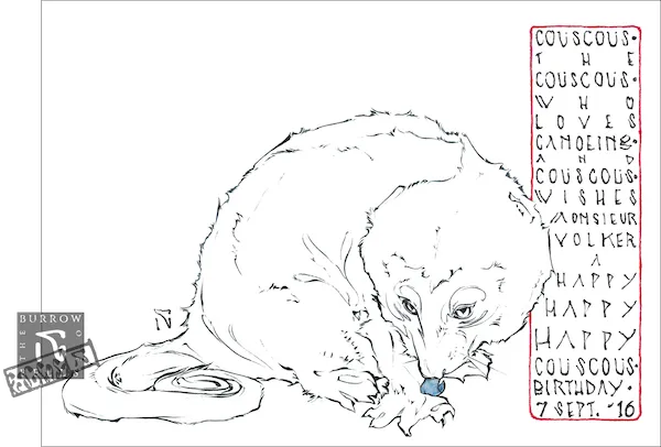 An illustrated birthday card showing a Bosavi cuscus licking its paw