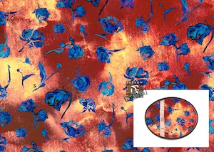 An illustrated pattern showing metallic blue flower heads against a burnt orange backdrop (for chocolate boxes)