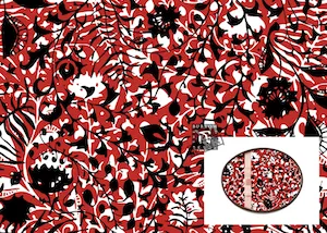 A red, black and white illustrated floral pattern (for chocolate boxes)