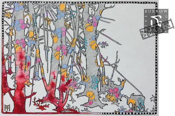 An illustrated vignette showing the edge of a forest, its depths seeped with blood